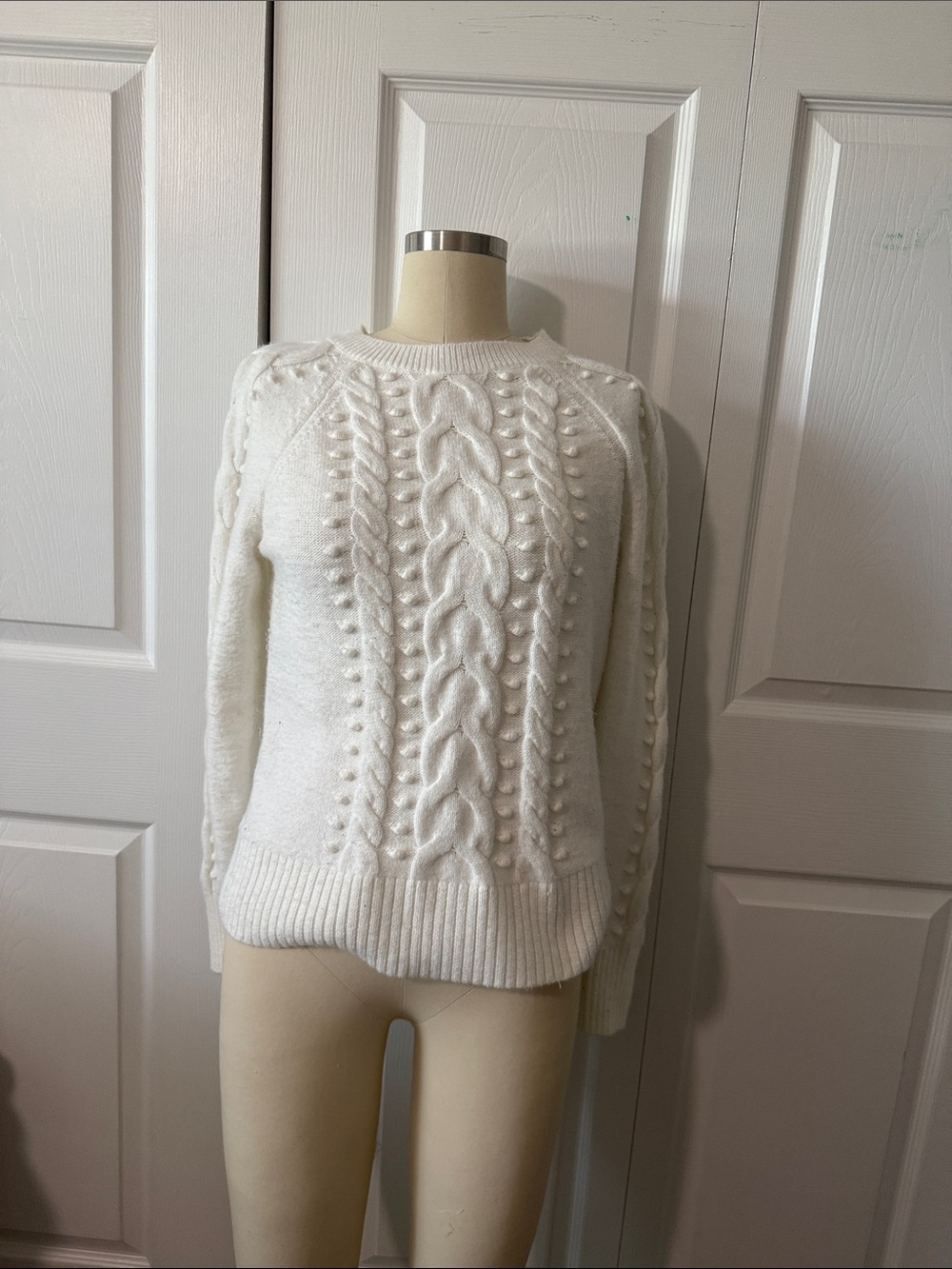 LOFT Ivory Cable Bobble Crewneck Sweater